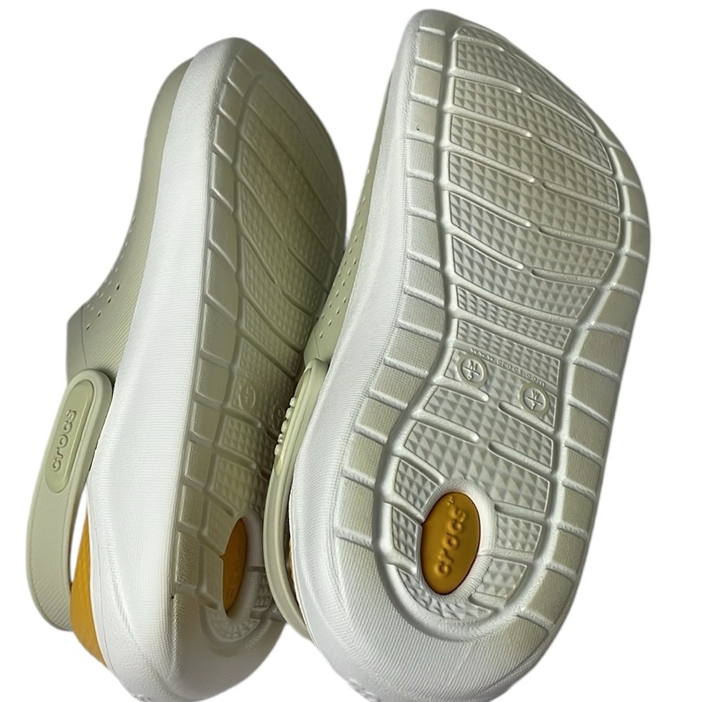 CROCS Women's Sage Green and Yellow Slip-On Clogs - Picture 8 of 11
